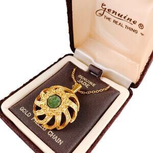 VTG Brutalist Jade Pendant Necklace Gold Filled Chain Medallion Dead Stock Gift
